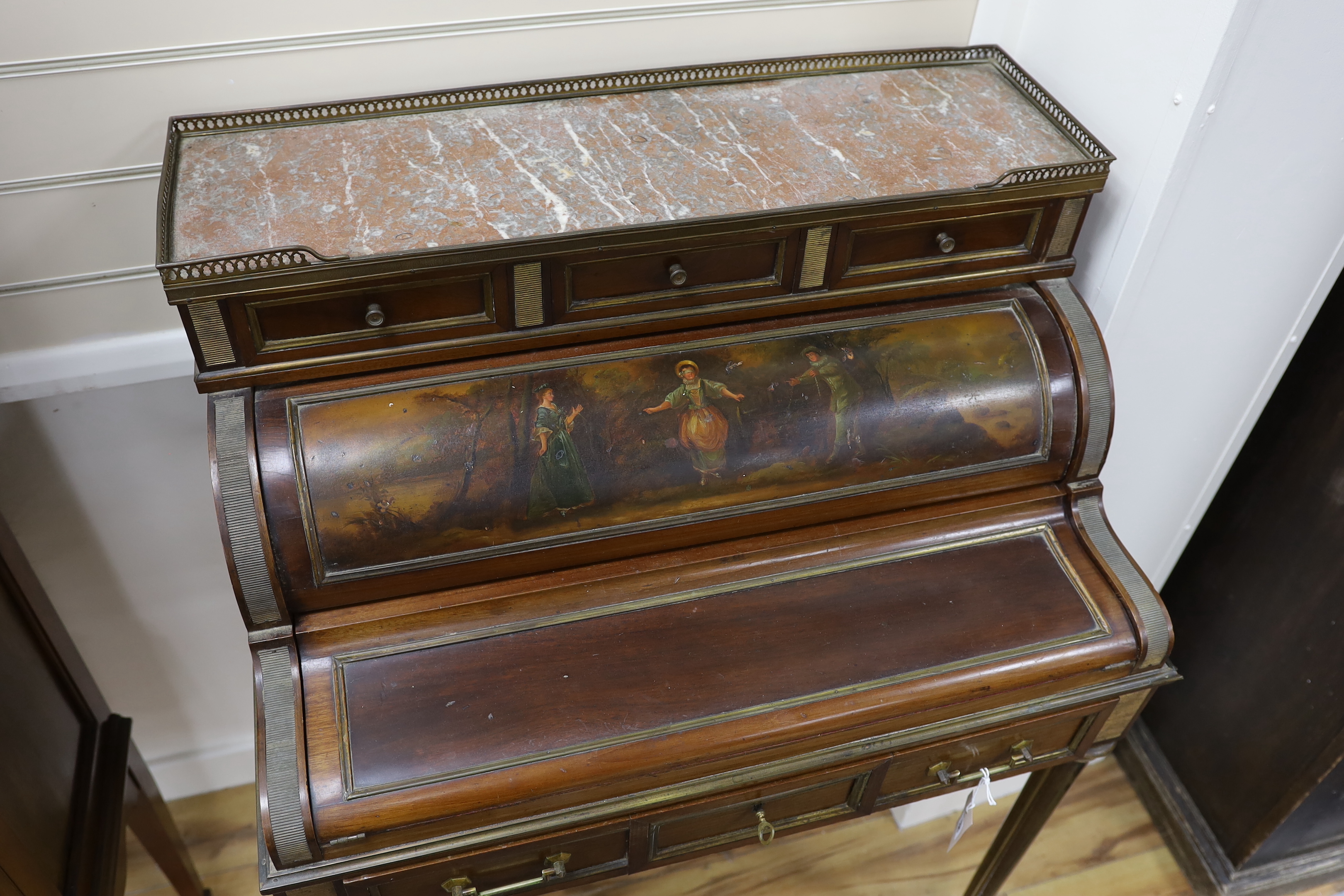 An early 20th century Louis XVI style mahogany and brass mounted Vernis Martin cylinder bureau, width 76cm, depth 50cm, height 110cm